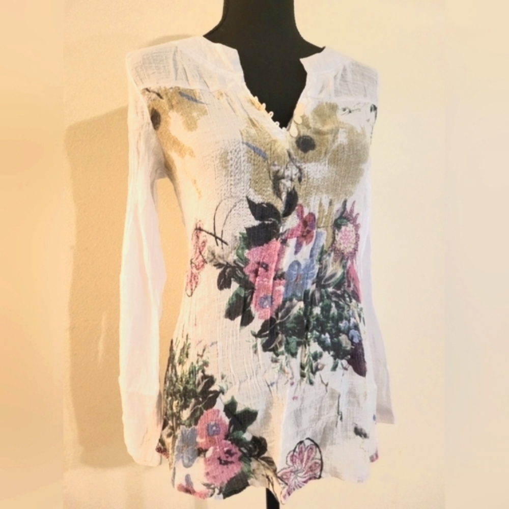Sheer White and Pink Smocked Floral Blouse (Size XL But Fits More Like A…‎